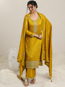 Libas - Mustard Silk Blend Embellished Kurta Sets for Women