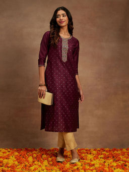 Libas - Wine Chanderi Silk Embroidered Straight Kurta