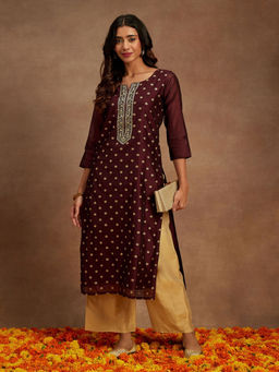 Libas - Wine Chanderi Silk Woven Design Straight Kurta