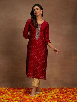 Libas - Maroon Chanderi Silk Woven Design Straight Kurta
