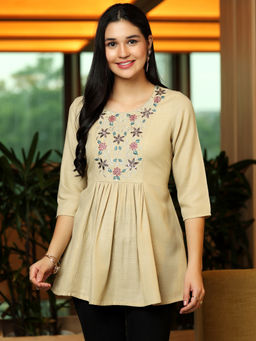 Libas - Beige Floral Embroidered Pleated Kurti