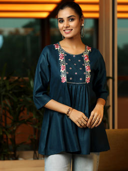 Libas - Blue Floral Embroidered Pleated Kurti