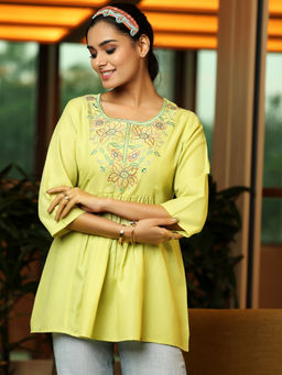 Libas - Lime Green Floral Embroidered Pleated Kurti