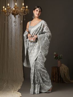 Akhilam - Womens Cotton Silk Grey Woven Design Designer Saree with Unstitched Blouse
