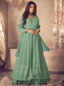 Odette - Women Light Green Faux Georgette Semi Stitched Dress Material (Set of 3)