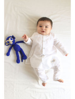 TIBER TABER - Unisex Timeless White Baby Kurta & Pyjama - White (Set of 3)