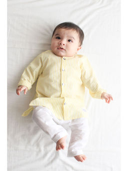 TIBER TABER - Unisex Sunny Stripes Baby Kurta & Pyjama - Yellow (Set of 3)