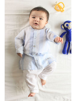TIBER TABER - Unisex Skyline Stripes Baby Kurta & Pyjama - Blue (Set of 3)