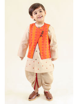 TIBER TABER - Boy Reversible Nehru Jacket Razzle Kurta & Dhoti - Orange (Set of 3)