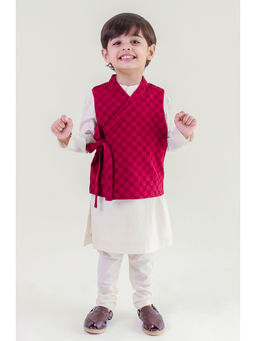TIBER TABER - Boy Modern Maharajah Bundi & Kurta with Churidaar Pyjami - Maroon (Set of 3)