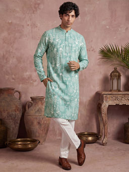 ETHNIC BAY - Teal Floral Viscose Rayon Regular Kurta and Pant