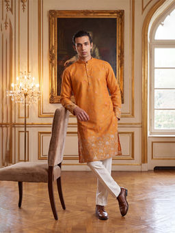 ETHNIC BAY - Orange Floral Silk Blend Regular Kurta and Pant
