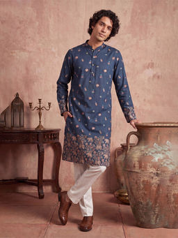ETHNIC BAY - Blue Floral Silk Blend Regular Kurta and Pant