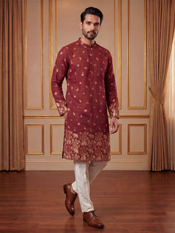 ETHNIC BAY - Maroon Floral Silk Blend Regular Kurta and Pant