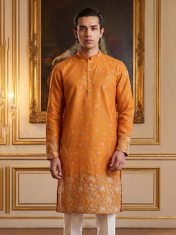 ETHNIC BAY - Orange Floral Silk Blend Regular Kurta