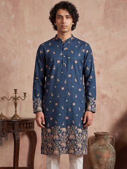 ETHNIC BAY - Blue Floral Silk Blend Regular Kurta
