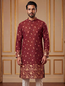 ETHNIC BAY - Maroon Floral Silk Blend Regular Kurta