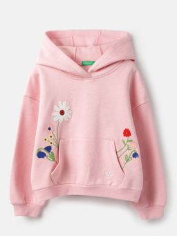 United Colors of Benetton - Regular Fit Hooded Neck Floral Embroidery Hoodie - Pink