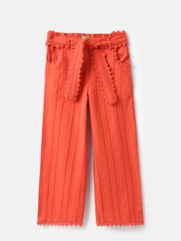 United Colors of Benetton - Printed Regular Fit Lace Details Pant with Belt - Coral