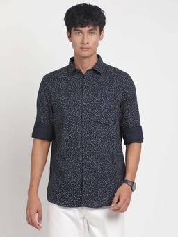 Turtle - Men Cotton Slim Fit Blue Printed Formal Shirt