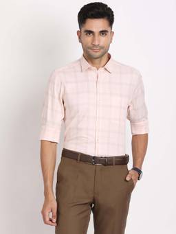 Turtle - Men Cotton Slim Fit Light Pink Checkered Formal Shirt