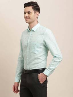 Turtle - Men Cotton Linen Slim Fit Sea Green Printed Formal Shirt