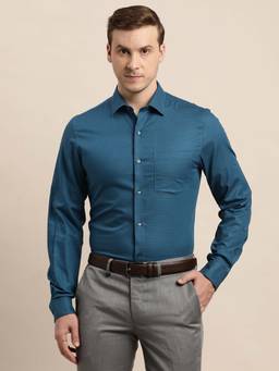 Turtle - Men Cotton Slim Fit Dobby Print Teal Blue Formal Shirt