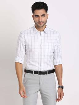 Turtle - Men Cotton Slim Fit White Checkered Formal Shirt