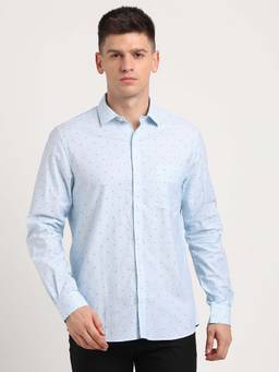 Turtle - Men Cotton Slim Fit Light Blue Printed Formal Shirt