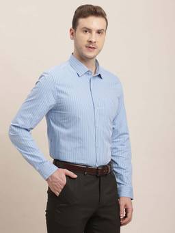 Turtle - Men Cotton Slim Fit Light Blue Striped Formal Shirt
