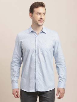 Turtle - Men Cotton Slim Fit Light Blue Printed Formal Shirt