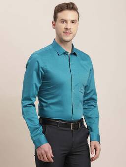 Turtle - Men Cotton Slim Fit Dobby Print Teal Blue Formal Shirt
