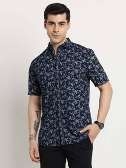 Turtle - Men Cotton Indigo Slim Fit Blue Printed Casual Shirt