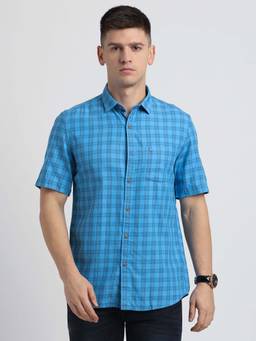 Turtle - Men Cotton Slim Fit Sky Blue Checkered Casual Shirt