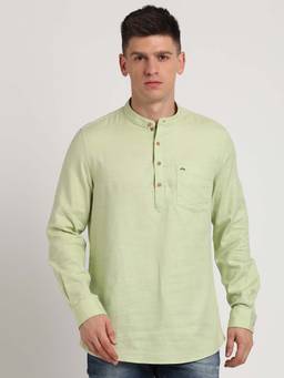 Turtle - Men Cotton Slim Fit Solid Pista Green Casual Kurta Shirt