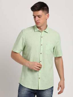 Turtle - Men Cotton Linen Slim Fit Solid Light Green Casual Shirt