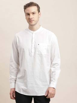 Turtle - Men Cotton Slim Fit Solid White Casual Kurta Shirt