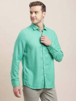 Turtle - Men Cotton Slim Fit Solid Turquoise Casual Shirt