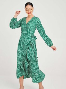 Styli - Green Long Sleeves Ditsy Print Wrap Around A-line Midi Dress