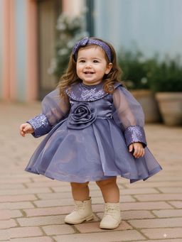 devils n angels - Girls Purple Sequin Party Wear Dress with Net Sleeves