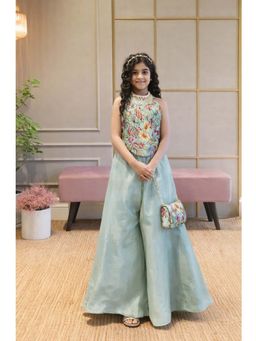 devils n angels - Pista Green Floral Mirror Work Top & Palazzo With Sling Bag