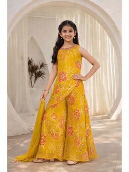 devils n angels - Mustard Floral Chiffon Sharara And Top With Dupatta