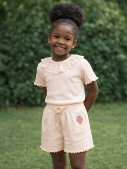 Mi Arcus - Cotton Lace Work Top With Shorts Peach