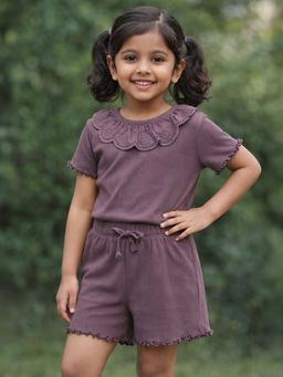 Mi Arcus - Cotton Lace Work Top With Shorts Mauve