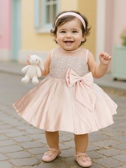 devils n angels - Girl Elegant Peach Sequin Beaded With Bow Party Frock