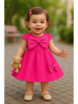 devils n angels - Pink Princess Party Wear Frock With Pearl Bow For Girl