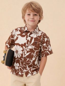 U.S. POLO ASSN. - Kids Boys Floral Printed Boxy Fit Shirt Brown