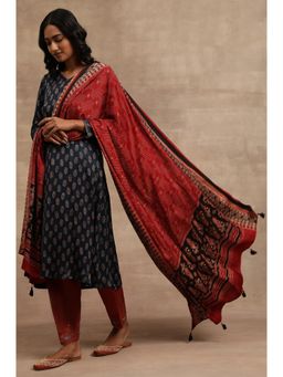 Folksong - Red Ajrak Printed Satin Tassel Dupatta