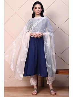Folksong - Stylish White Thread Embroidered Semi Sheer Cotton Silk Dupatta