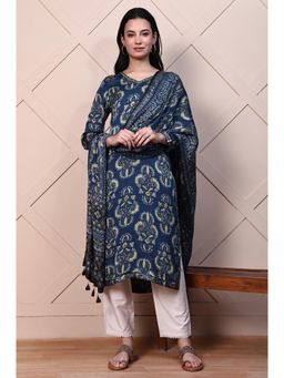 Folksong - Navy Blue Ethnic Motifs Satin Floral Printed Dupatta